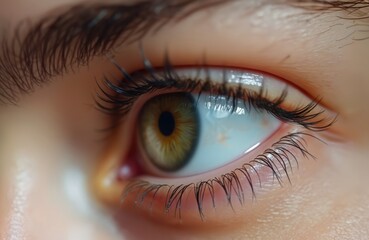 Naklejka premium Detailed close-up of left eye looking down. Human eye with brown iris and long eyelashes. Macro photo with veins in eye. Beauty, healthcare concept. Perfect skin. Eyelid, eyebrow detail.