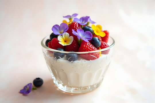 Delicious yogurt parfait adorned with vibrant flowers and fresh berries in a glass bowl, perfect for a healthy and visually appealing dessert or snack photography