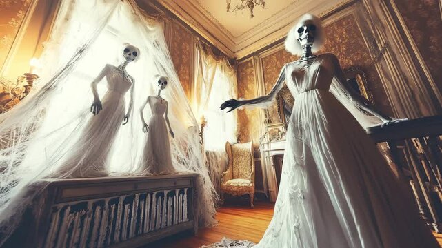 Generative ai motion animation of three ghostly skeletal brides stand draped in flowing white wedding gowns
