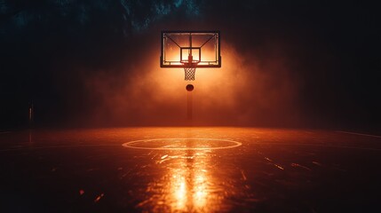 Night basketball court, ball above hoop, smoky arena, dramatic lighting, sport promo