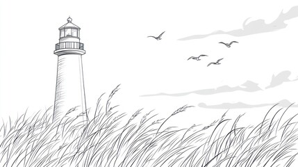 Coastal lighthouse sketch, seabirds flying, tall grass, cloudy sky, nautical illustration
