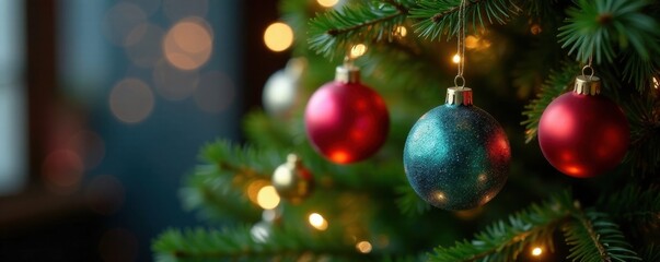 Colorful baubles adorn a lush green tree surrounded by twinkling fairy lights and warm ambiance, magical, joyful