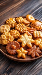 Fototapeta premium Assorted baked cookies on wooden plate