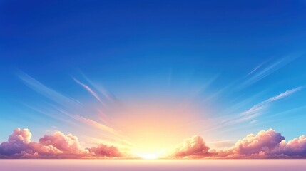 A serene sunrise with vibrant colors illuminating the sky, blending hues of blue, pink, and orange, creating a peaceful atmosphere.
