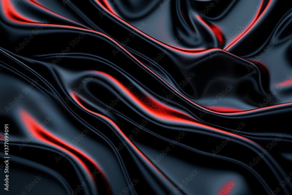 Poster a close-up view of black fabric with wavy textures and red highlights, creating an elegant and drama