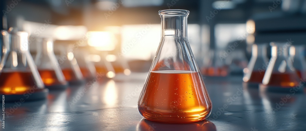 Poster a laboratory setting with various test tubes and erlenmeyer flasks containing colorful, bubbling che