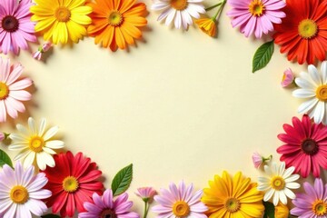 Fototapeta premium Colorful daisies and lilies in a repeating pattern on a cream-colored wall, pattern, wallpaper