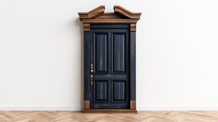 Obraz premium A beautifully designed dark blue paneled door with dark wood frame and decorative crown molding against a bright white wall and light brown floo