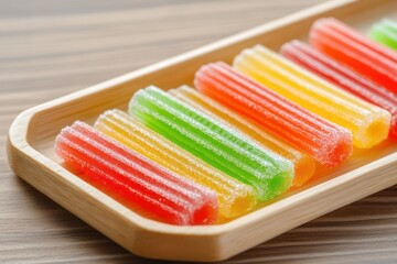 Colorful jelly candies on wooden tray
