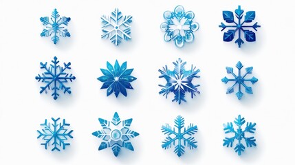 Twelve Blue Snowflakes on White Background, Winter Design Elements
