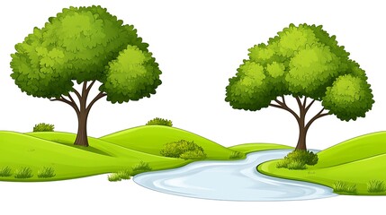 Green Hills with Stream, and Trees.