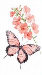A delicate pink butterfly rests beside vibrant flowers, showcasing nature's beauty in a harmonious composition with soft pastel tones.