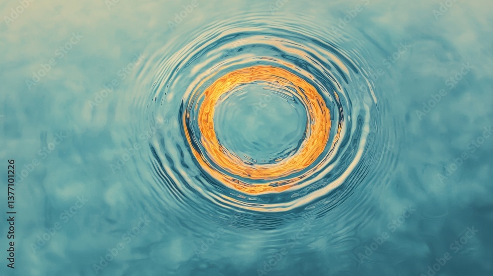 Poster a serene image of ripples in water, featuring a distinct orange circle at the center, creating a cal