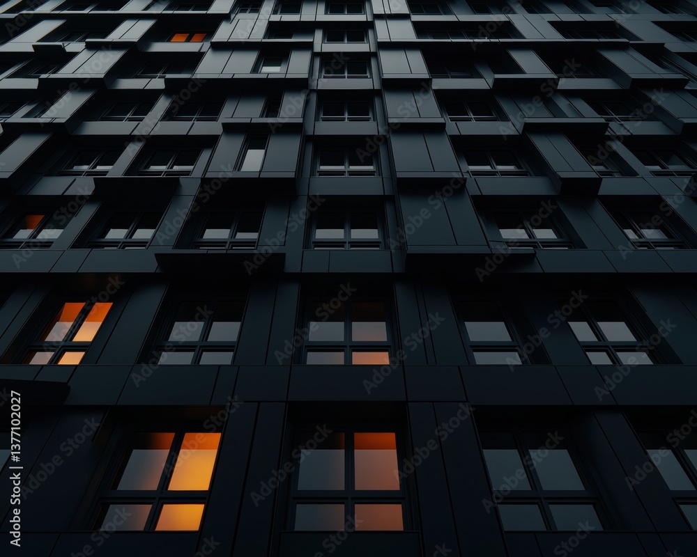 Poster a striking view of a dark building facade with glowing windows, creating a contrast between light an