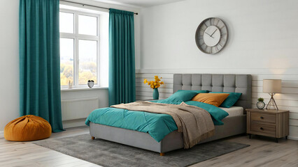 Naklejka premium Modern Cozy Bedroom with Teal Bedding, Vibrant Accents, and Serene Atmosphere