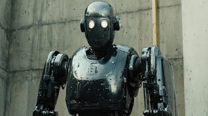 Fototapeta premium The Enigma of the Steel Sentinel: A Futuristic Robot in Urban Decay