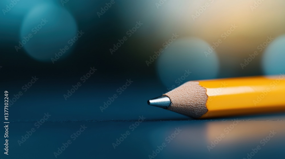 Poster a close-up of a sharpened yellow pencil resting on a surface, with a blurred colorful background, hi