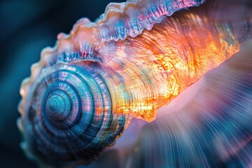 A luminescent seashell with vibrant colors, showcasing intricate patterns and textures in a glowing underwater scene.