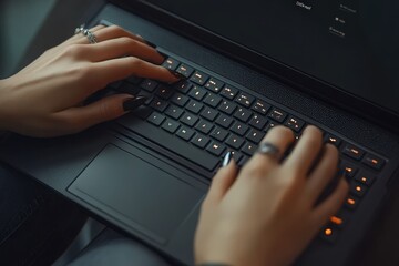 Close-up of a woman's hands typing on a laptop with illuminated keyboard in dim lighting.