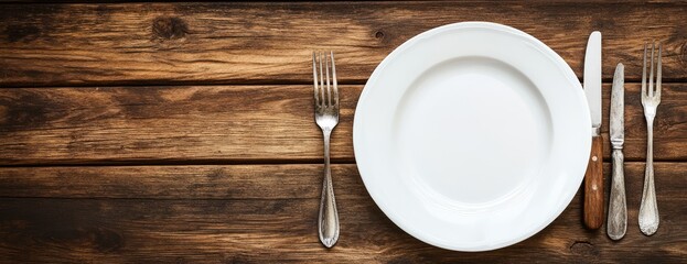 Empty Plate and Cutlery on Rustic Wooden Table