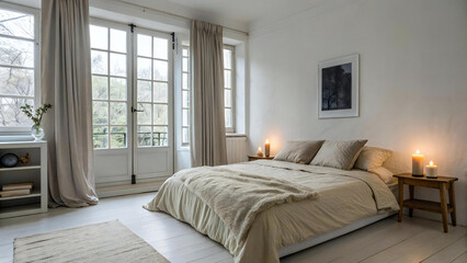 Cozy Minimalist Bedroom with Beige Bedding, Natural Light, and Serene Decor