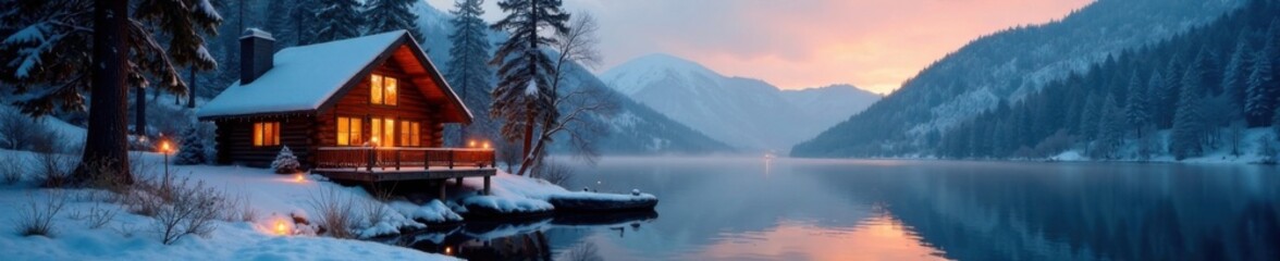 Cozy cabin by the lake with Christmas decorations, lake, winter