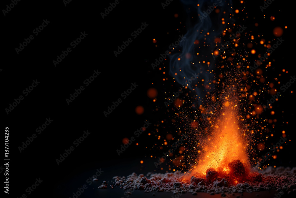 Poster dynamic display, intensely detailed fire sparks ascending with luminous intensity creating an energe