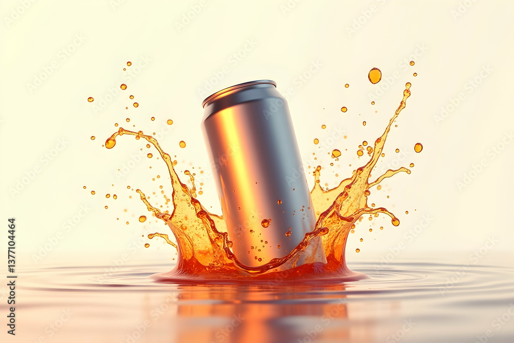 Poster dynamic shot of a beverage can plunging into refreshing liquid, creating a captivating splash and ra