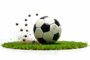 Fototapeta premium Dynamic Soccer Ball Impact on Grass with Dirt Particles Creating a Visual Effect of Force and Motion in High Contrast Setting on a Clean Backdrop