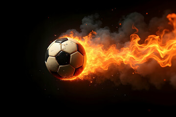 Naklejka premium Dynamic Soccer Ball on Fire, A Vintage Style Image with Vibrant Flames and Smoke for Sports and Game Enthusiasts, Ideal for Action and Energy Themes