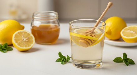 Fototapeta premium Refreshing Lemon Honey Water Drink on White Surface