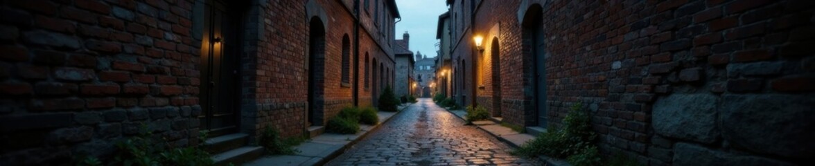 Fototapeta premium Dark alleysway lined with old bricks, overcast sky, crumbling mortar , atmosphere, urban, mood