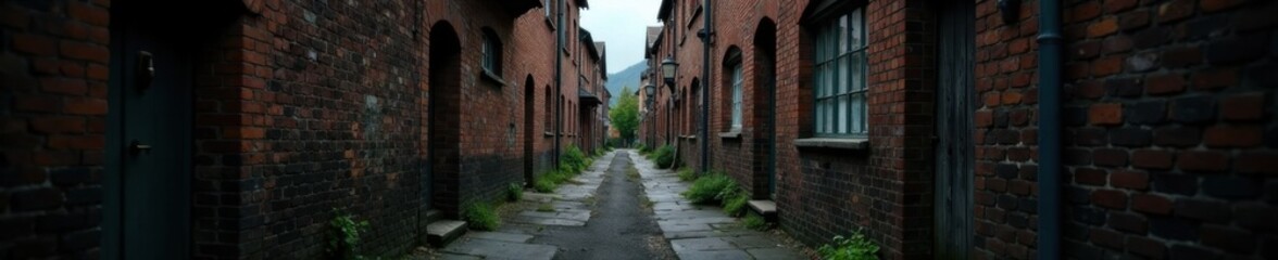 Fototapeta premium Dark alleysway lined with old bricks, overcast sky, crumbling mortar , atmosphere, texture