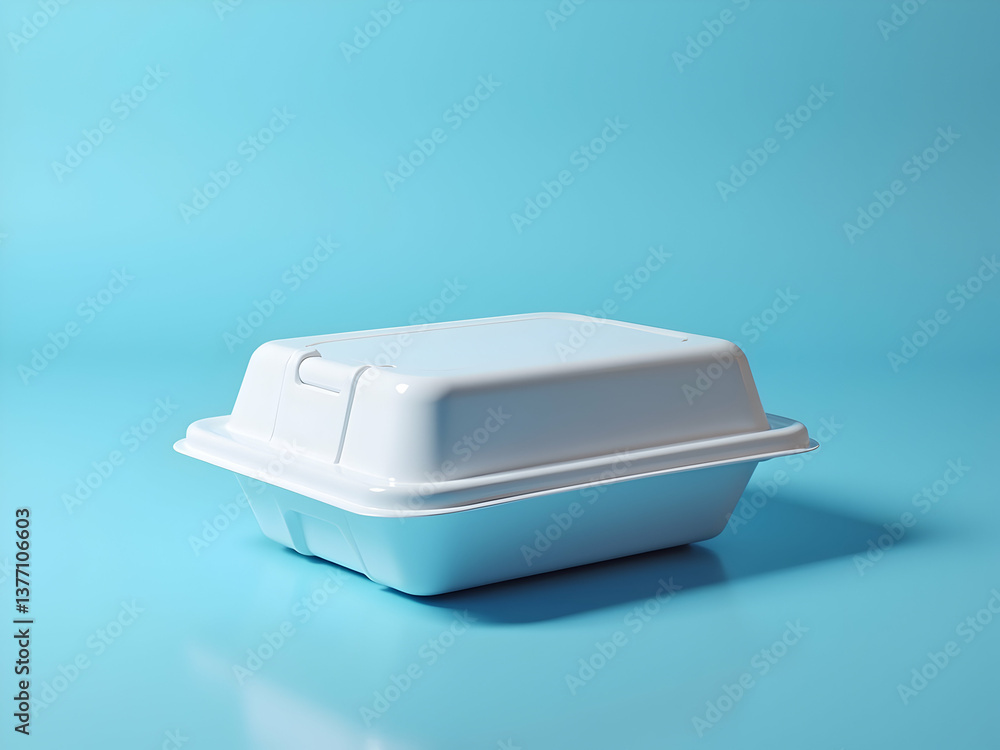 Poster elegant and minimal still life of a white styrofoam food container on a bright blue surface, highlig