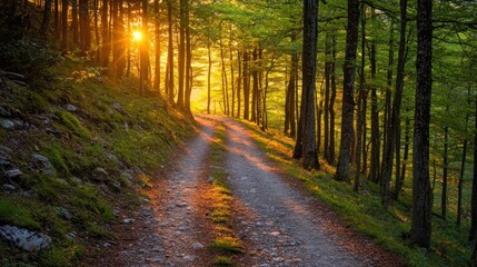 Obraz premium Golden Hour Forest Path: A Serene Sunset Walk