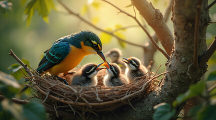 Bird Feeding Chicks in Nest Family Love and Nature Wildlife