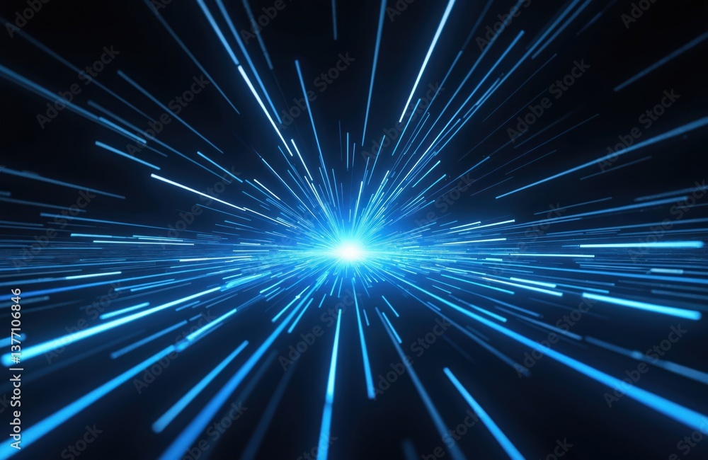 Fototapete abstract image blue glowing lines converging bright light. dynamic illustration of energy, movement,