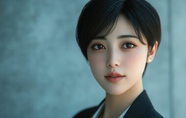 Portrait of a smiling Japanese businesswoman, her expression reflecting accomplishment and success in the workplace.