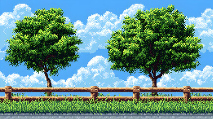 Fototapeta premium Pixel Art Landscape with Green Trees and Wooden Fence Under a Blue Cloudy Sky on a Sunny Day