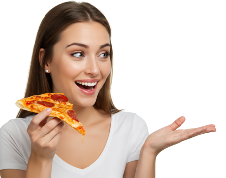 笑顔でピザを食べる若い女性