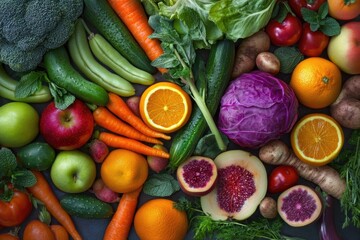 Vibrant array of fresh fruits and vegetables.  A colorful assortment of produce, healthy and nutritious