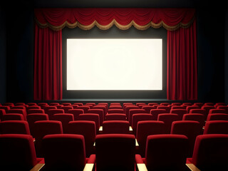 Fototapeta premium Elegant cinema hall with rows of red plush seats facing a bright screen, framed by luxurious red curtains, evokes classic movie theater nostalgia and anticipation