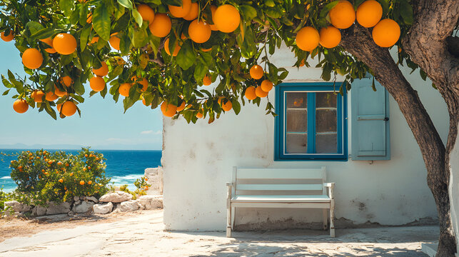 Fototapeta White house with blue shutters and blue door with orange tree in garden with sea in background. Greek house with beautiful view