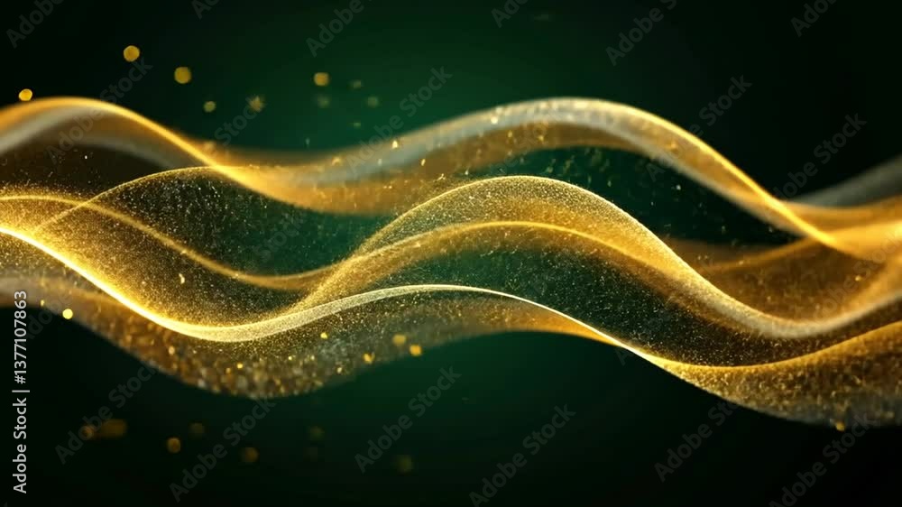 Poster golden particle wave flowing on a dark green background, perfect for compositing