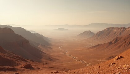 Naklejka premium Desert landscape in Namibia, vast valley among red sand mountains. Dramatic view, scenic panorama. Desert valley, sun rays, shadows on rocks, nature beauty, travel destination.