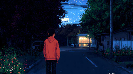 Pixel Art of a Man Walking Down a Dark Street at Night with Trees and a Lit Building Under a Starry Sky