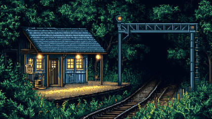 Obraz premium Pixel Art of a Rural Train Station at Night with Trees and Warm Glowing Lights