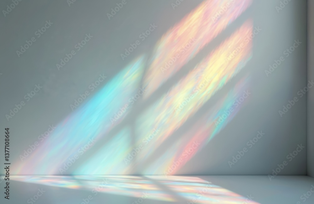 Aufkleber blurred rainbow light refraction texture overlay effect on white wall. organic drop diagonal hologra