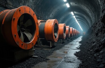 Industrial mining tunnel ventilation fans in a row. Old rusty machinery, underground mine or railway tunnel with safety equipment. Heavy duty ventilation system. Industry transport.