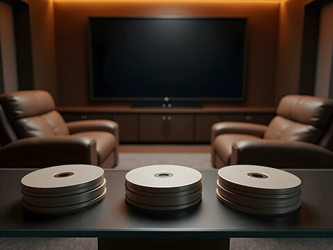 Elegant Home Theater Setup with Sleek Media Discs Displayed on a Glass Tabletop, Inviting a Cinematic Experience and a Focus on Home Entertainment